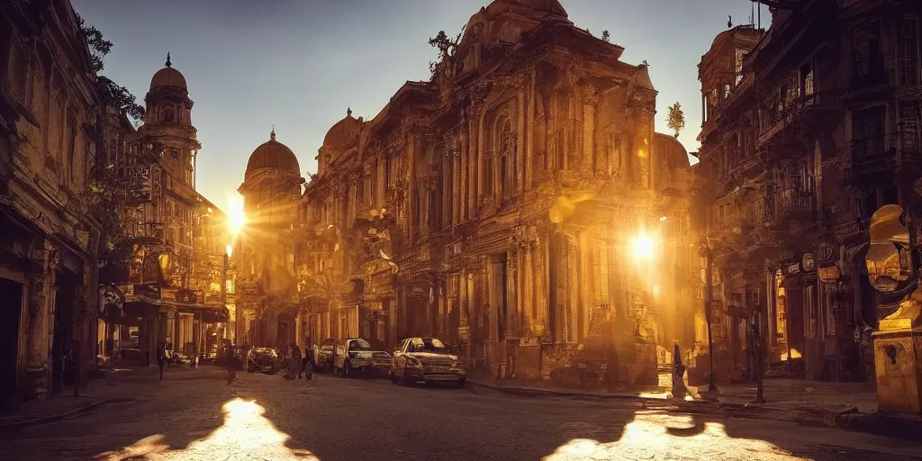 Prompt: a random photo of a beautiful golden city hidden somewhere on Earth, cinematic, sun, beautiful lighting