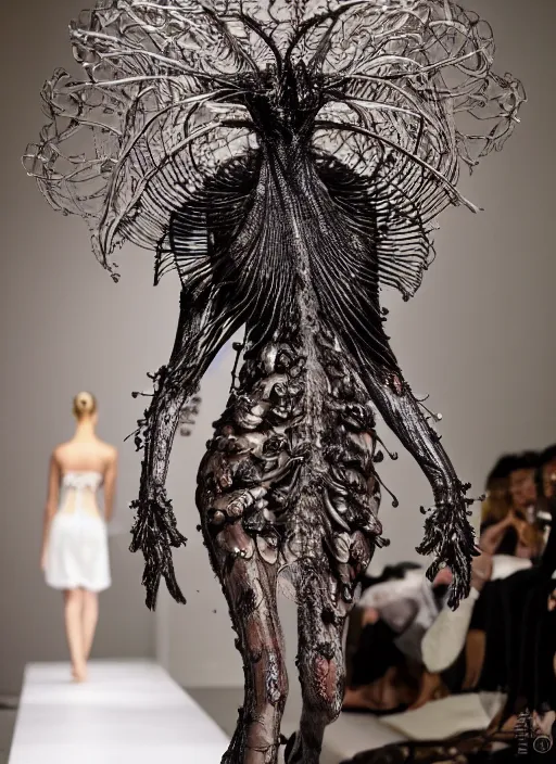 Image similar to walking down the catwalk, ben watts, show, stage, vogue photo, podium, fashion show photo, historical baroque dress dark, iris van herpen, beautiful woman, masterpiece, intricate, biopunk, vogue, full body shot, alien, plant predator, guyver, jellyfish, white biomechanical details, highly detailed