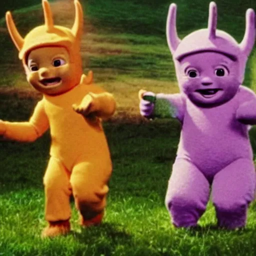 Image similar to movie still of Teletubbies as a horror movie