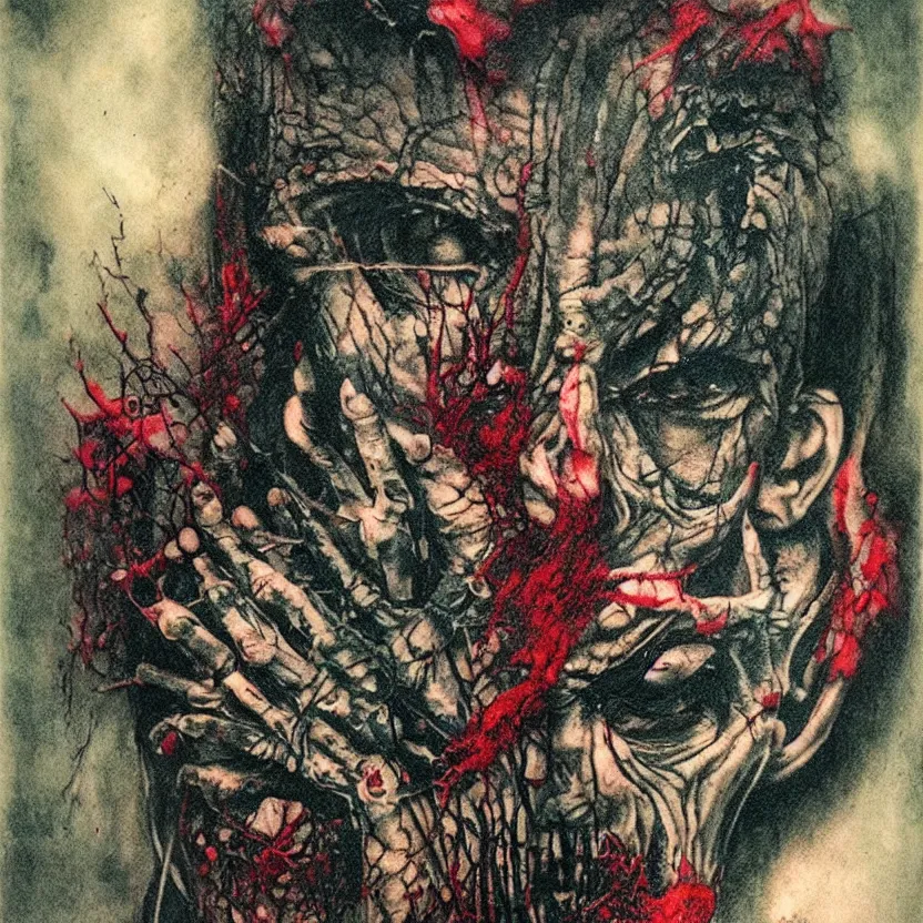 Image similar to dark tattoo, acid rich colors, giger beksinski gammell horror king chaos, bleeding colors, big budget movie scene, horror reality, award winning photograph, cinematic lighting, realistic!, hyperrealism, realistic refine flavor, real polaroid picture