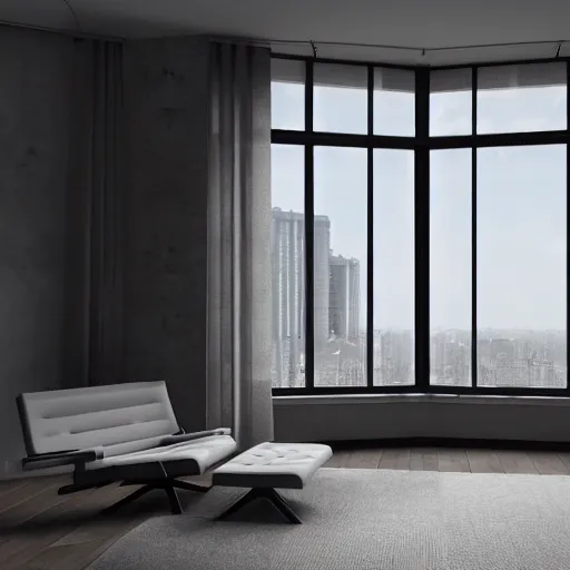 Prompt: brutalist penthouse open living room, big windows, showing city landscape on background, minimalist architecture, minimalist furniture, octane render, high quality, 8 k, post production