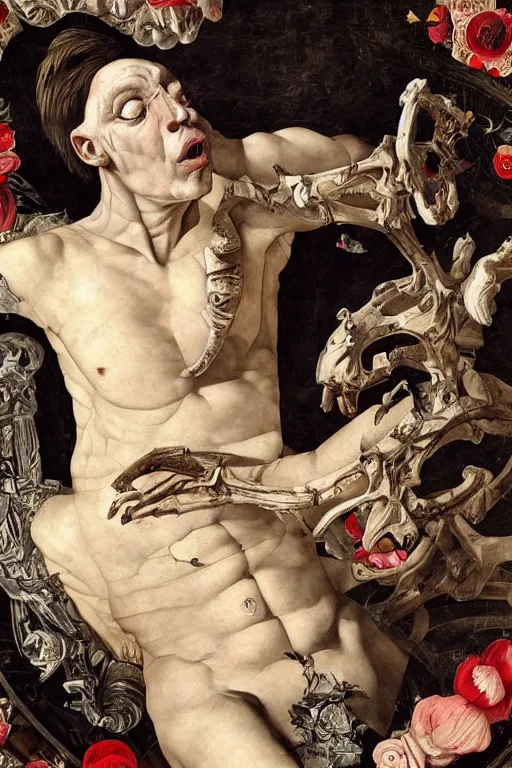 Image similar to Detailed maximalist portrait a man lying on bed with large lips and with large white eyes, exasperated expression, botany bones, HD mixed media, 3D collage, highly detailed and intricate, surreal illustration in the style of Caravaggio, dark art, baroque