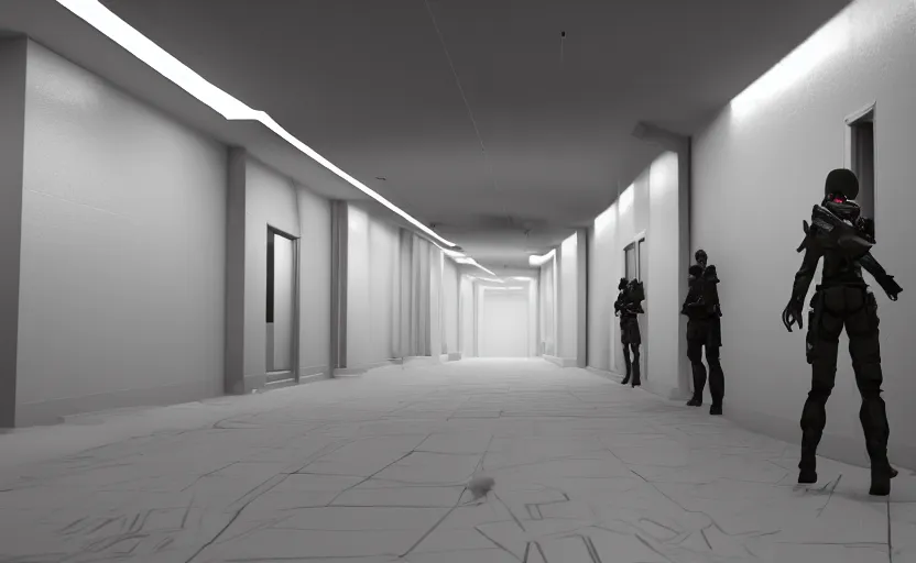 Image similar to screenshot of a first person shooter game on unreal engine 5, narrow modern hallways of a government office facility with white dry wall, female fps hands painted nails, photorealistic, retrofuturism, concept art, trending on artstation