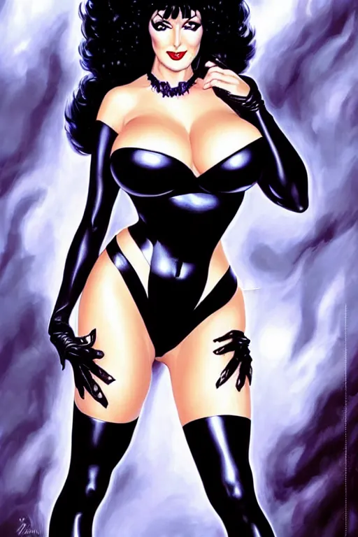 Image similar to a ( beautiful masterpiece highly detailed ) full body portrait illustration of intimate alluring elvira! mistress of the dark by ralph horsely and artgerm and joe jusko, raven black hair, porcelain white skin. betty page, curvy. trending on artstation