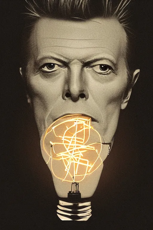 Image similar to portrait of david bowie's head inside an upside down light bulb, kintsugi, modern fine art, fractal, intricate, elegant, highly detailed, digital photography, subsurface scattering, by banksy and basquiat and greg rutkowski,