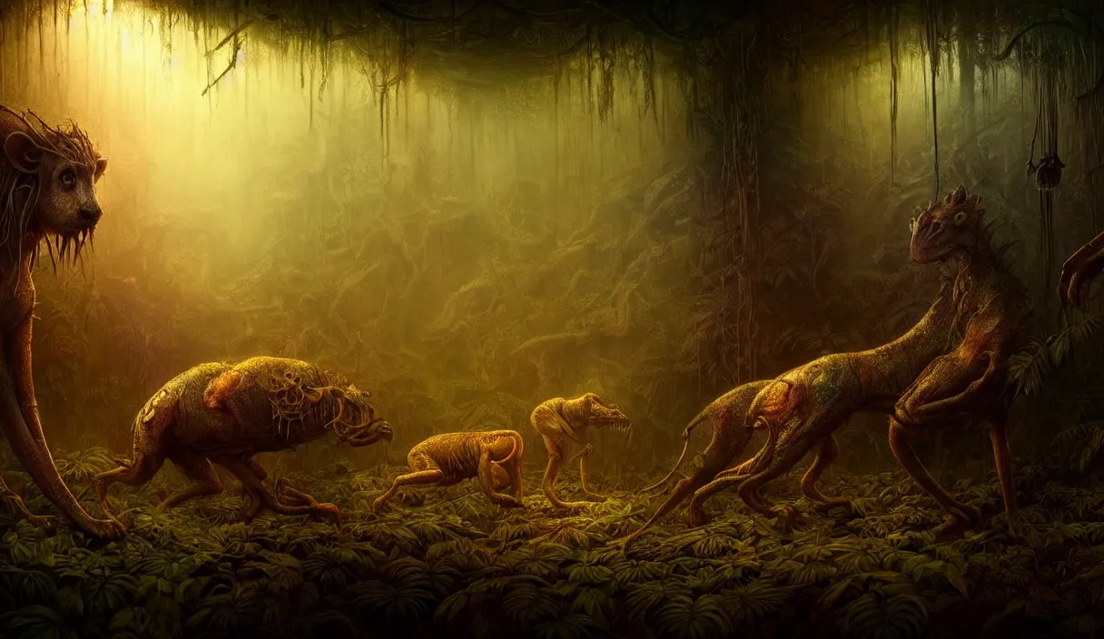 Image similar to epic professional digital art hungry eyes, gold ambient light, painted, mysterious, closeup cinematic jungle scene, eerie, mythic, detailed, intricate, grand, leesha hannigan, wayne haag, reyna rochin, ignacio fernandez rios, mark ryden, van herpen, artstation, cgsociety, epic, stunning, gorgeous, much wow