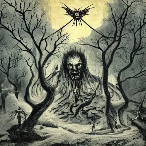 Image similar to beelzebub next to an oak tree aflame, still, fog in background, dantes inferno, evil album cover