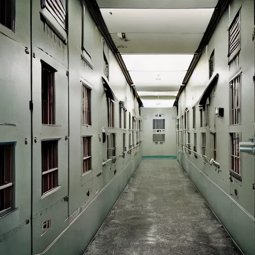 Prompt: noisy color photograph of a retrofuturist liminal space, laboratory, prison, minimalist, cinematic