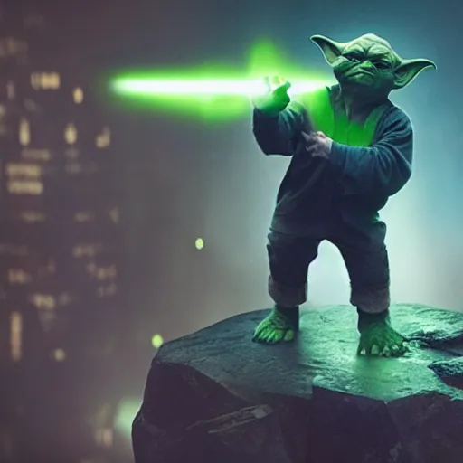 Prompt: yoda as the hulk, splash art, movie still, cinematic lighting, dramatic, octane render, long lens, shallow depth of field, bokeh, anamorphic lens flare, 8 k, hyper detailed, 3 5 mm film grain