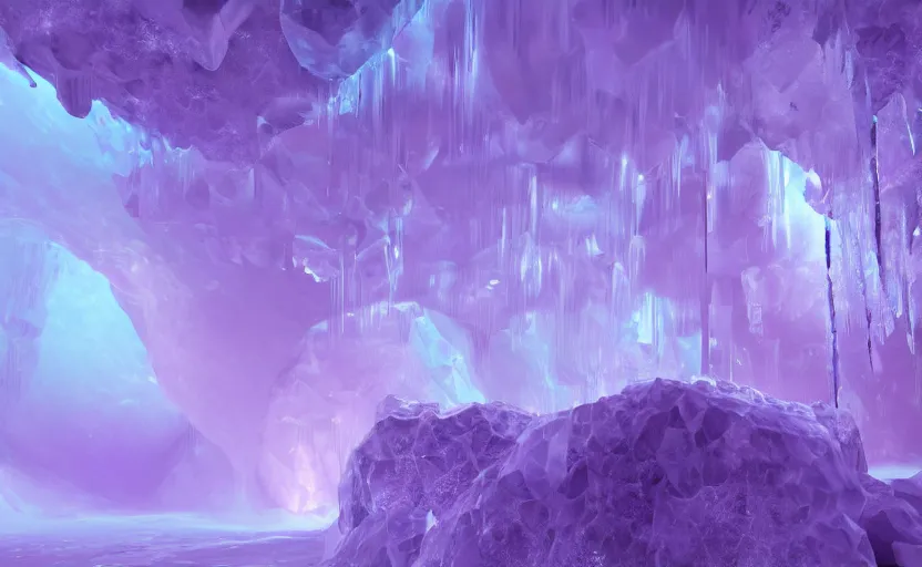 Prompt: poor kids drawing of an ice cavern matrix with purple goo tubing and ice crystals, octane render, ray - tracing, high contrast, detailed scene, subsurface - scattering, 4 k, high quality desktop wallpaper, trending on artstation