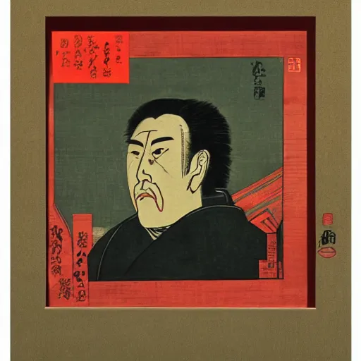 Image similar to Masterchief, woodblock portrait by Utagawa Kuniyoshi