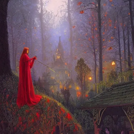 Image similar to the scarlet witch awaits her pursuers, victorian hunters, night time, deep forest, highly detailed, focus, mist nizovtsev, victor