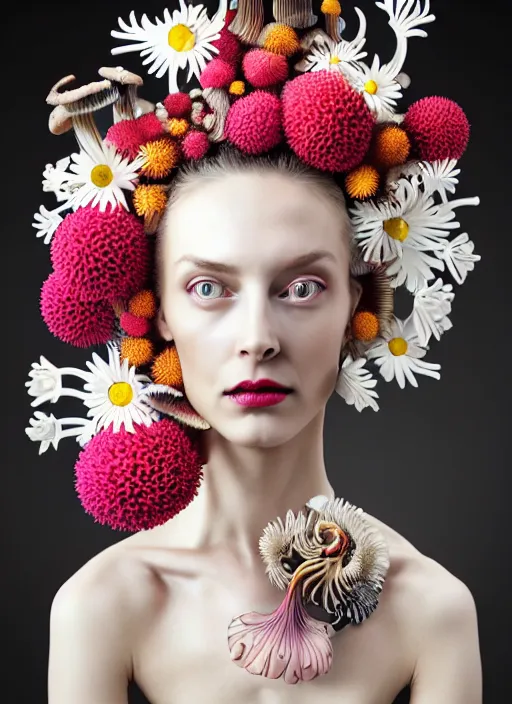 Prompt: biomechanical beautiful woman portrait with a smooth carved porcelain ivory profile face, futuristic haute couture, iris van herpin, headdress with daisies, colorful puffballs, leaves, tendrils, mushrooms, rhizomorphs, brackets, sponge corals, laser cut paper, red plump lips, magnesium, hyper detailed, ultra sharp, 8 k, uhd