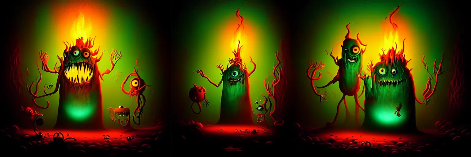 Prompt: whimsical monsters from the depths of the imagination, dramatic lighting from fire glow, surreal dark uncanny painting by ronny khalil