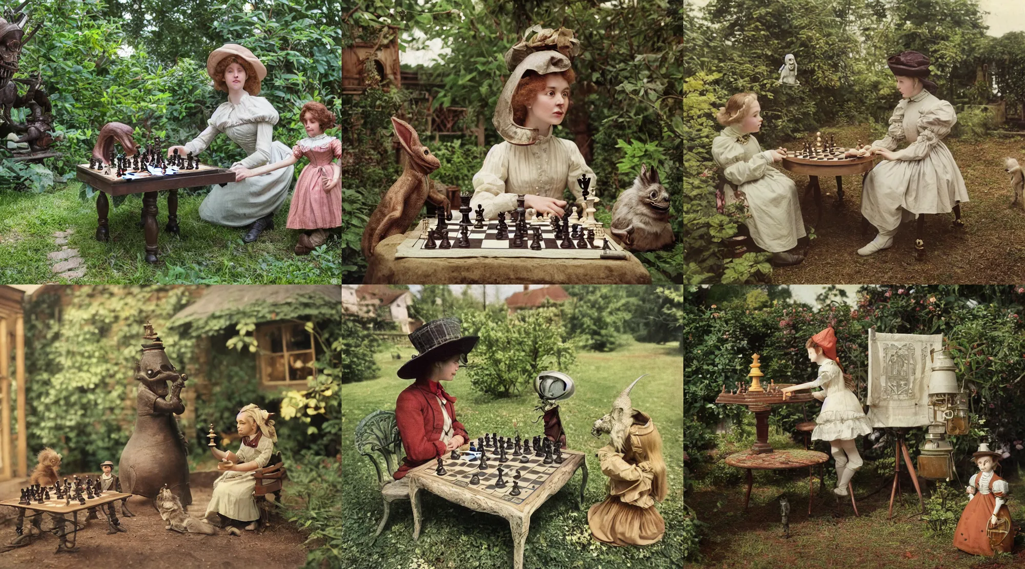 Prompt: detailed, sharp, a girl playing chess with her cute pet humanoid alien creature, wearing 1850s era clothes, no hat, in the garden of a house on an alien planet, extremely highly detailed, in focus faces, 70 mm film still from a period sci fi color movie, 4k, HD, cinematic lighting