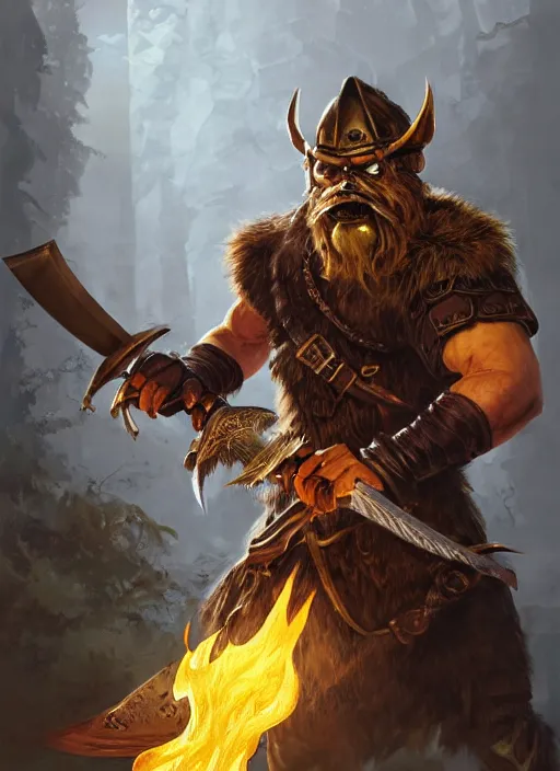 Image similar to photorealistic bugbear ranger holding sword on fire, magic, black beard, dungeons and dragons, pathfinder, roleplaying game art, hunters gear, jeweled ornate leather and steel armour, concept art, character design on white background, by sargent, norman rockwell, makoto shinkai, kim jung giu, artstation trending, poster art, colours red