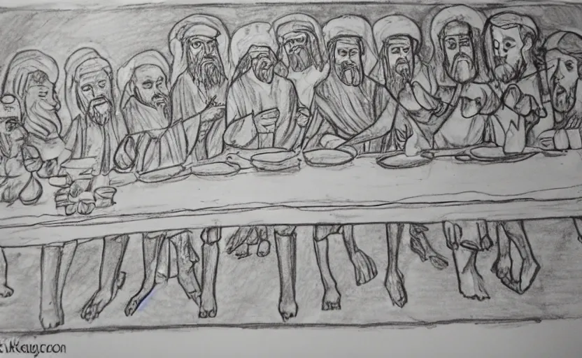 Image similar to last supper, drawn by a 5 year old detailed, sketh