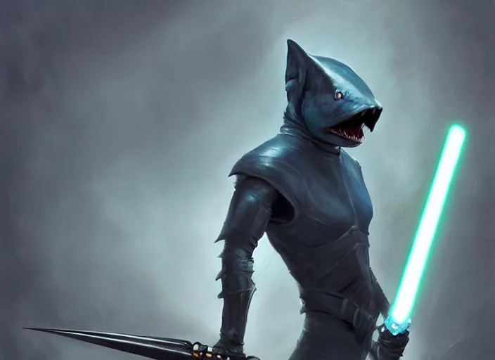 Prompt: beautiful oil matte portrait painting, thresher shark knight holding a lightsaber, blue shark, fantasy, wonderful masterpiece highly detailed, scifi, beautiful cinematic light deep focus, elegant, digital painting, smooth, sharp focus, golden ratio, dramatic illumination, ultra realistic, 8 k, art by jimmy law