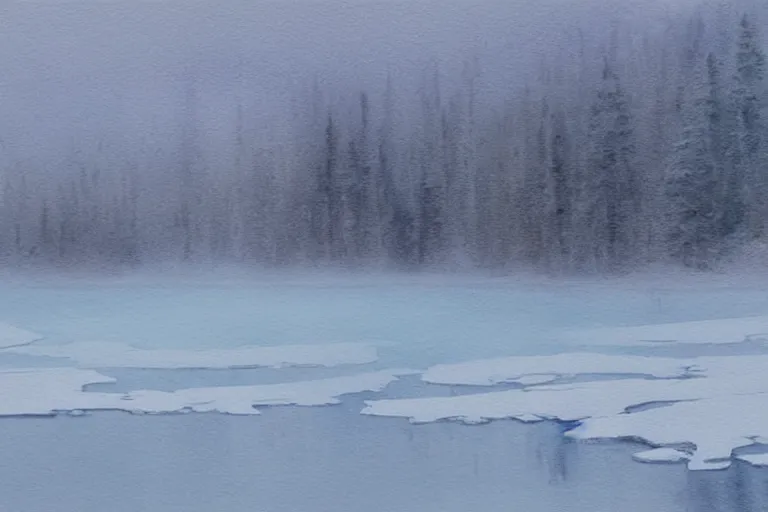 Prompt: watercolor painting of crystal clear ice lake, reflective, crisp winter, fog and snowing, ambient lighting, art by wlop