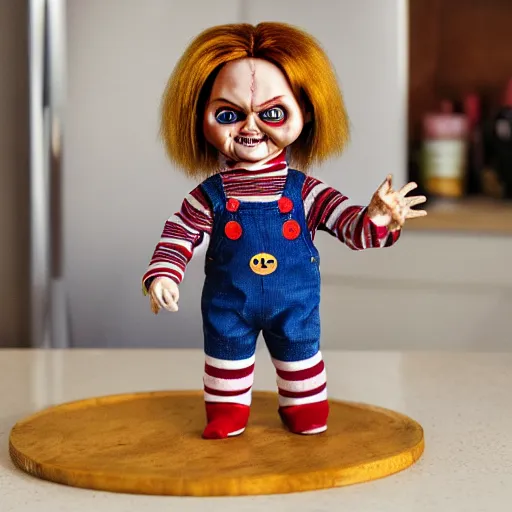 Image similar to chucky the killer doll standing on the kitchen table