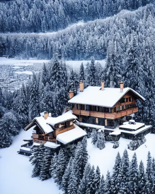 Image similar to hidden mansion in the alps with snow covered roof set on fire, zoomed out, shot from drone, iphone capture