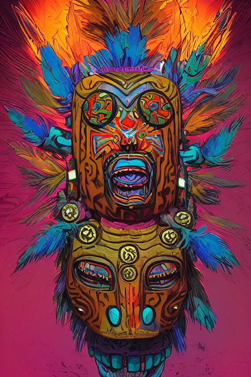 Image similar to totem animal tribal chaman vodoo mask feather gemstone plant wood rock video game illustration vivid color borderlands by josan gonzales and dan mumford radiating a glowing aura