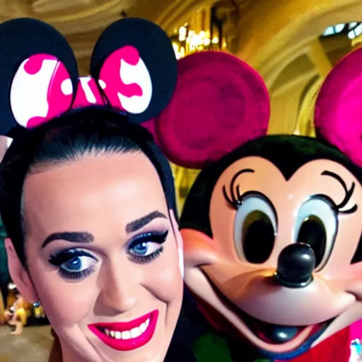 Image similar to katy perry wearing mickey mouse ears takes a selfie in front of the disney world