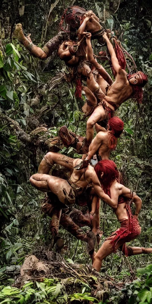 Image similar to editorial photo of brutal battle in burning jungle, african and Amazonian climbing onto another and fight, epic, vintage, blood, slight inspiration of Boris vallejo and apocalypto, war photography