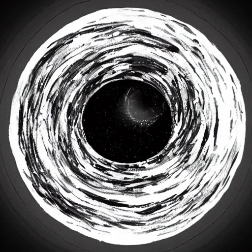 Prompt: A black hole with a giant maw with infinite teeth devouring a star. Ink art. Sharp. Jagged. Monochromatic