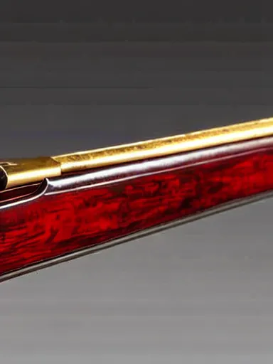 Image similar to a shotgun made from glossy red - painted wood and elements of gold metalwork