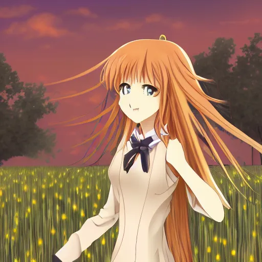 Prompt: anime illustration of Holo from Spice and Wolf standing in a wheat field at sunset, Holo if a wolf girl, high detail, trending on pixiv