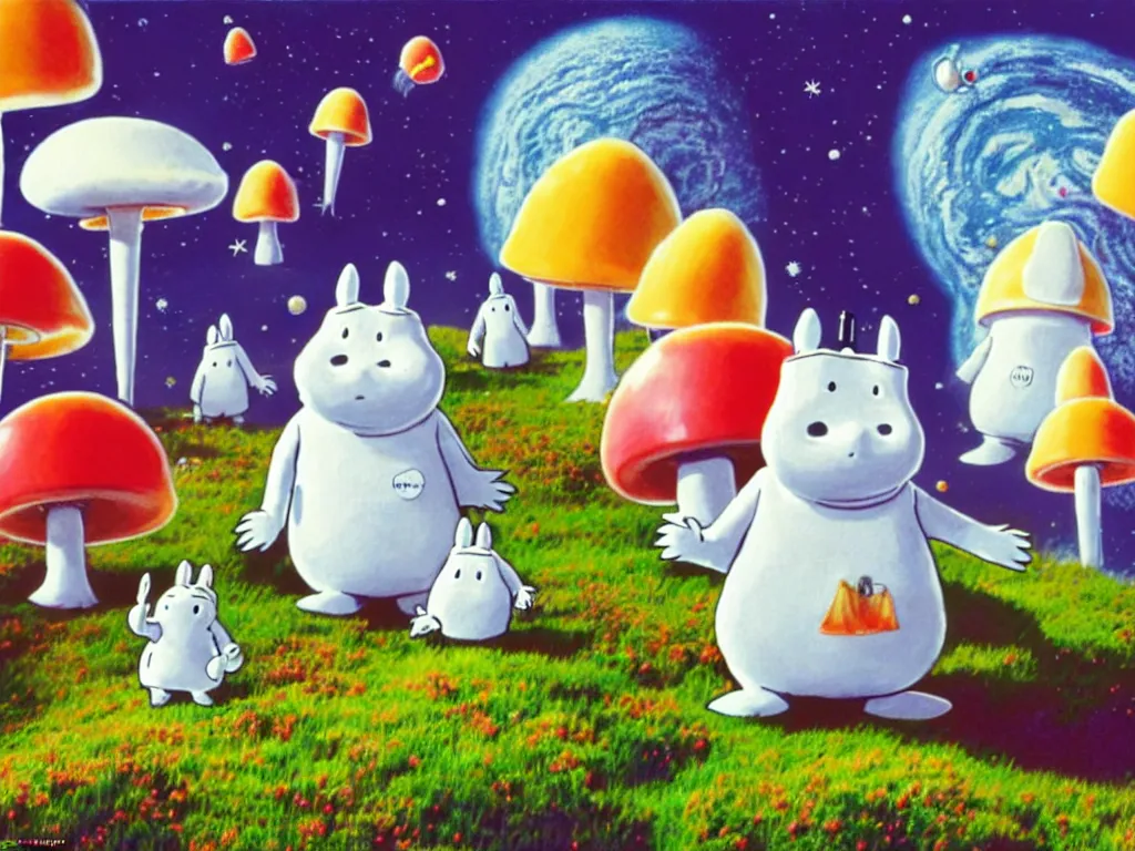 Image similar to moomins in space suits flying around with jetpacks discovering the mushroom planet, looking cute, photorealistic painting, movie still, cgi, warm colors, fluffy, cozy, dreamy, low light