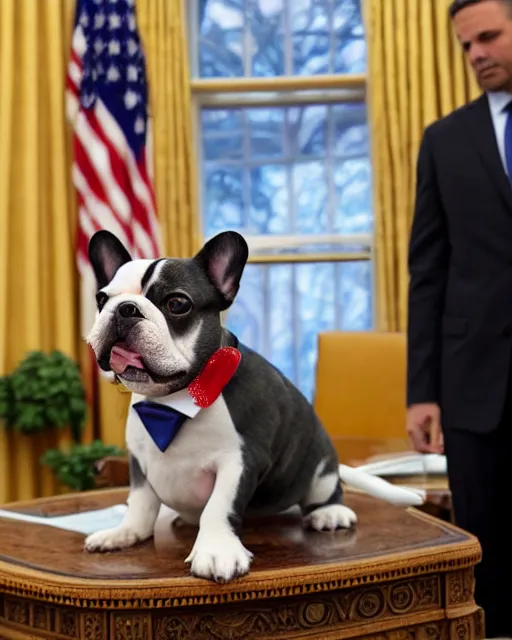 Prompt: White French Bulldog wearing a suit in the Oval Office with a flag in the background, detailed and intricate