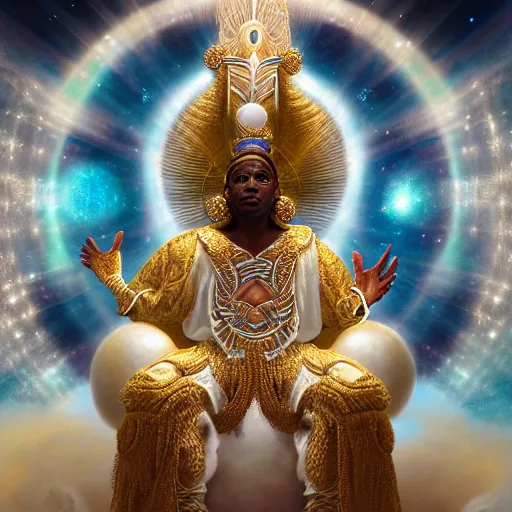 Image similar to obatala the cosmic god wearing all white and gold sitting on a throne of nebula clouds, by Adi granov and thomas blackshear and afarin sajedi in a surreal portrait style, matte painting, volumetric lighting, piercing eyes, detailed face, orisha, 8k, hd