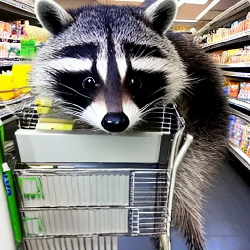 Prompt: happy raccoon pushing a grocery cart filled with medical supplies, a laptop and a face mask