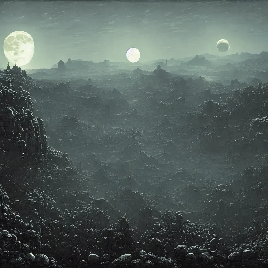 Image similar to a surreal and awe - inspiring science fiction landscape, moon in the sky looks like a skull, intricate, elegant, highly detailed matte painting by george bellows and simon stalenhag