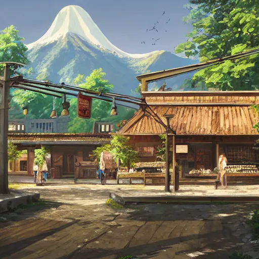 Prompt: concept art painting of a historic bakery with european and japanese architecture, in a woodland village surrounded by trees and mountains, realistic, detailed, cel shaded, in the style of makoto shinkai and greg rutkowski and james gurney