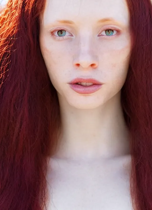Prompt: close up portrait photograph of a thin young redhead woman with russian descent, sunbathed skin, with deep blue symmetrical!! eyes and Wavy long maroon colored hair who looks directly at the camera, with a Slightly open mouth, face takes up half of the photo. a park visible in the background. 55mm nikon. Intricate. Very detailed 8k texture. Sharp. Cinematic post-processing. Award winning portrait photography. Sharp eyes.
