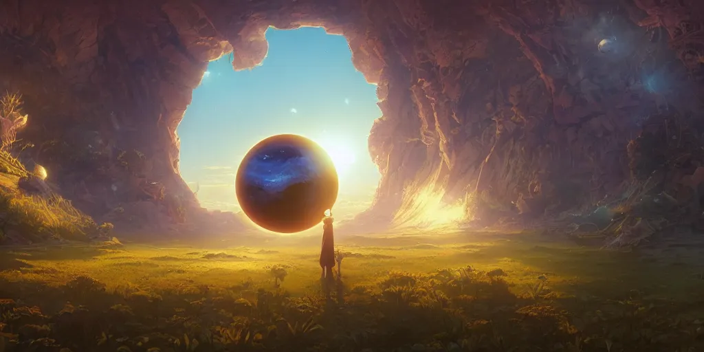 Image similar to inside the sun looking at the planet earth, unreal engine, fantasy art by greg, loish, rhads, ferdinand knab, tom bagshaw, makoto shinkai and lois van baarle, rossdraws, ilya kuvshinov, night lighting, trending on studio ghibli, highly detailed, 8 k, octane render