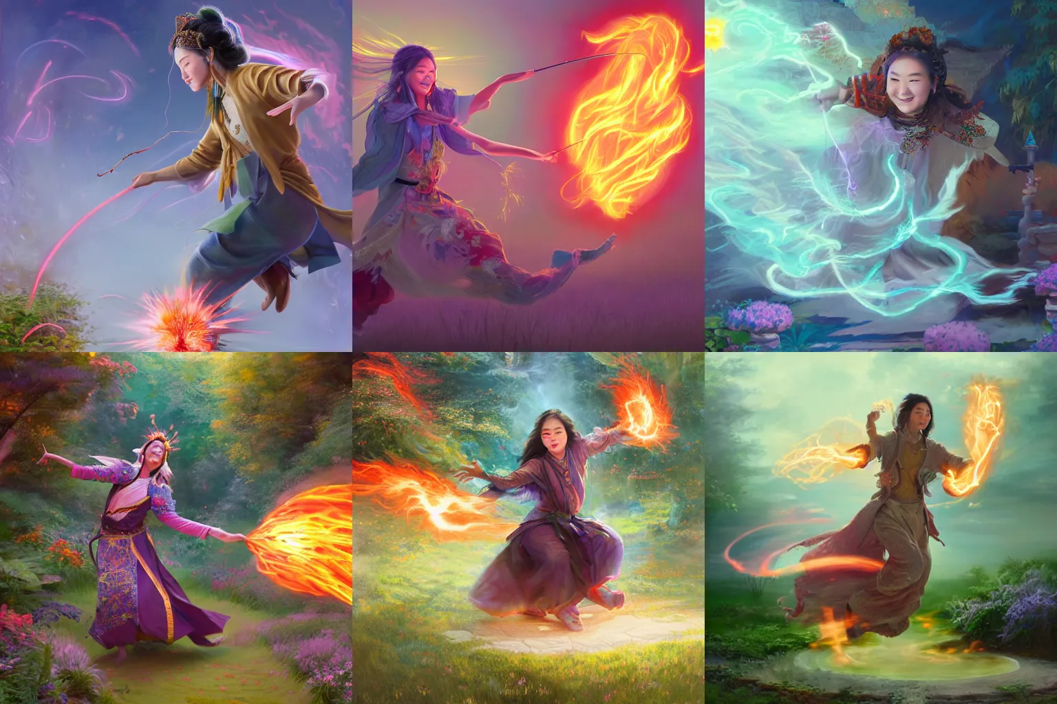 Prompt: breathtaking detailed concept art painting of smiling hapa sorceress wearing trousers chasing will-o-wisps casting a fireball in a garden, orthodox saint, by Hsiao-Ron Cheng, 8K