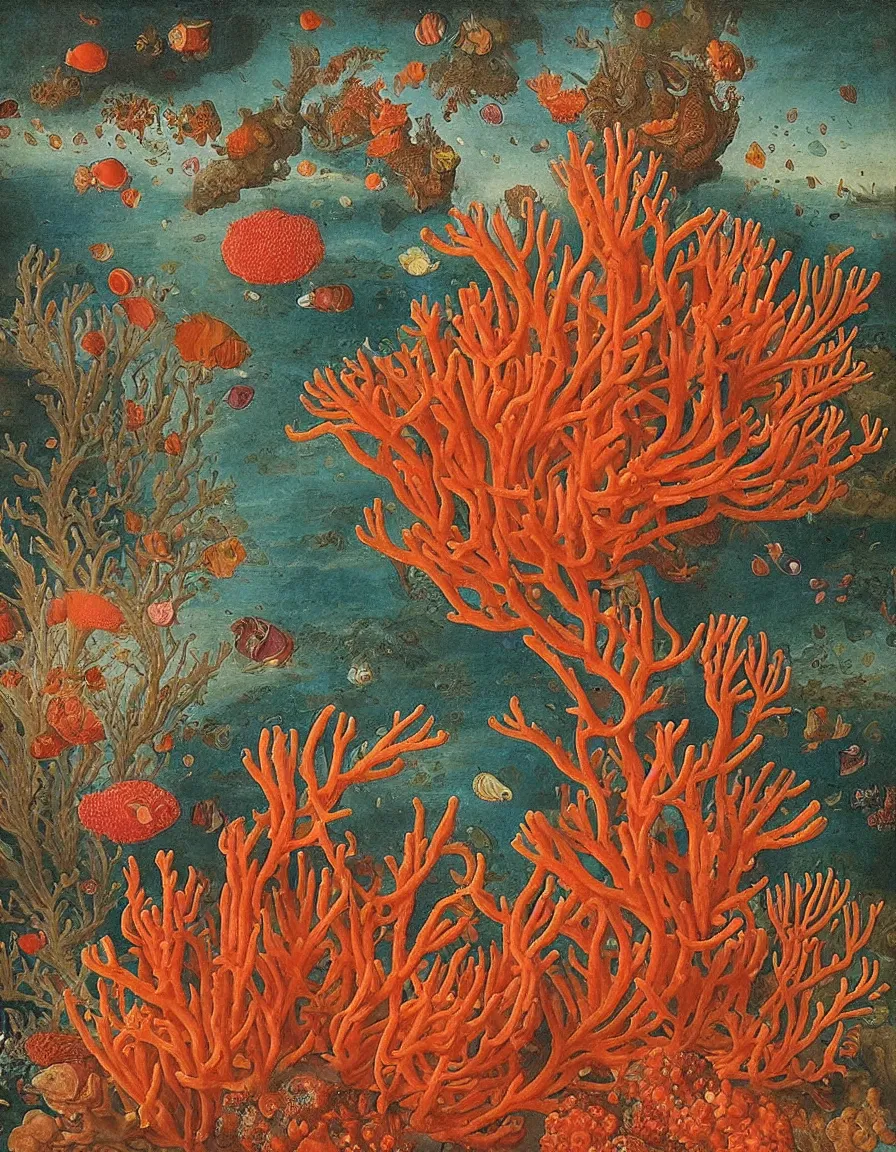 Prompt: peachbloom vessel of coral under the sea covered with a dull red glaze, with orange shells, purple fishes, polyp blossoms bring iridescent fungal flowers, Ambrosius Bosschaert the Elder, oil on canvas, around the edges there are no objects, Let's think step by step