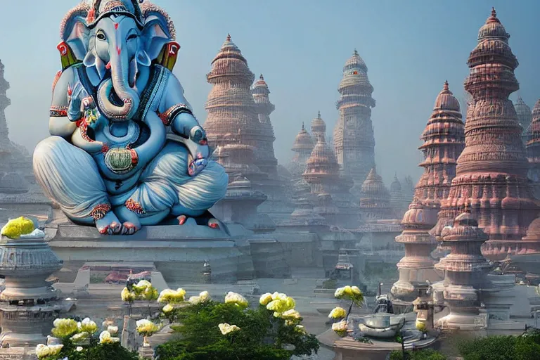 Image similar to beautiful futuristic new delhi, sharp sci - fi ganesha!! building, kalighat flowers, highly detailed cinematic, stephen shore & john j. park, soft morning light, wide shot, high angle, uhd 8 k, sharp focus