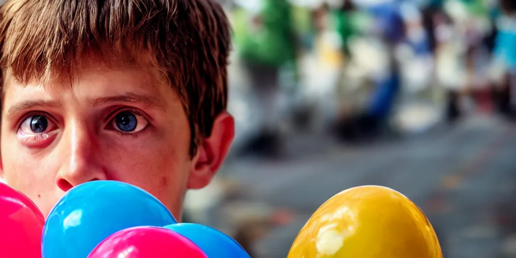 Prompt: closeup detailed portrait of a kid holding a balloon detailed still from wes anderson movie, high production value, intricate details, vibrant colors, 8 k resolution, hyperrealistic, hdr, photorealistic, high definition, tehnicolor, award - winning photography, masterpiece, amazing colors