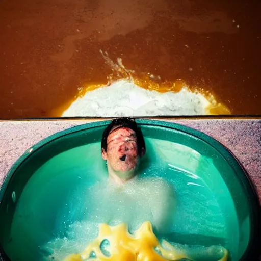 Image similar to person bathing in melted cheese