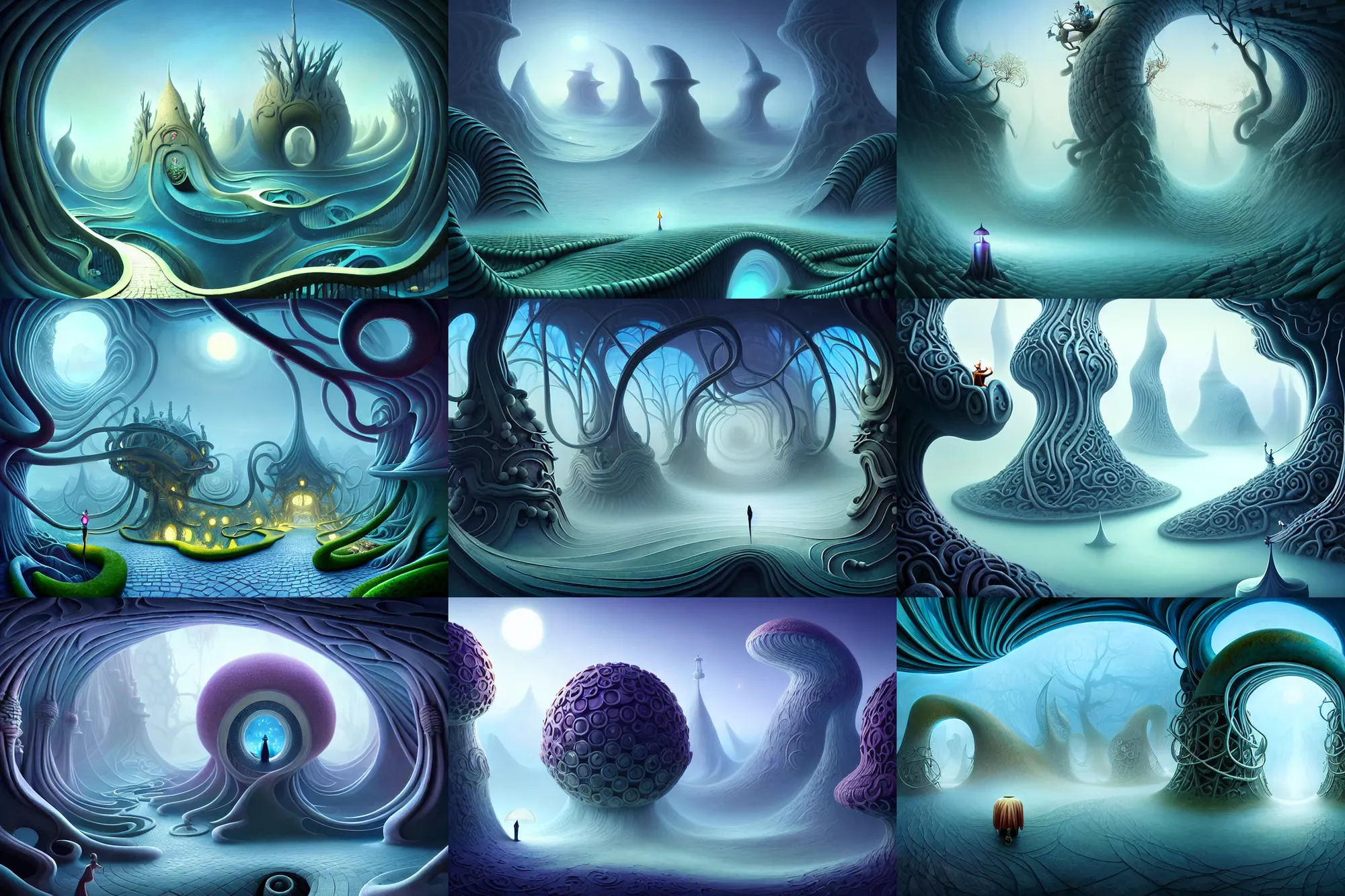 Prompt: an whimsical masterpiece elite mysterious sci - fi fantasy matte painting of a winding path through arctic dream worlds with surreal architecture designed by heironymous bosch, structures inspired by heironymous bosch's garden of earthly delights, surreal ice interiors by cyril rolando and asher durand and natalie shau and cyril rolando, insanely detailed and intricate, complex, elegant, quirky