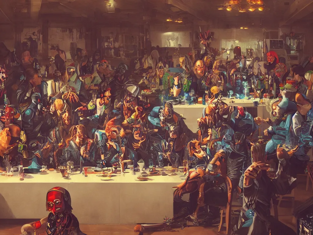 Prompt: the last supper with punks, criminals and robots in a painting from stalenhag, 4 k, 8 k, hdr, artstation, concept art