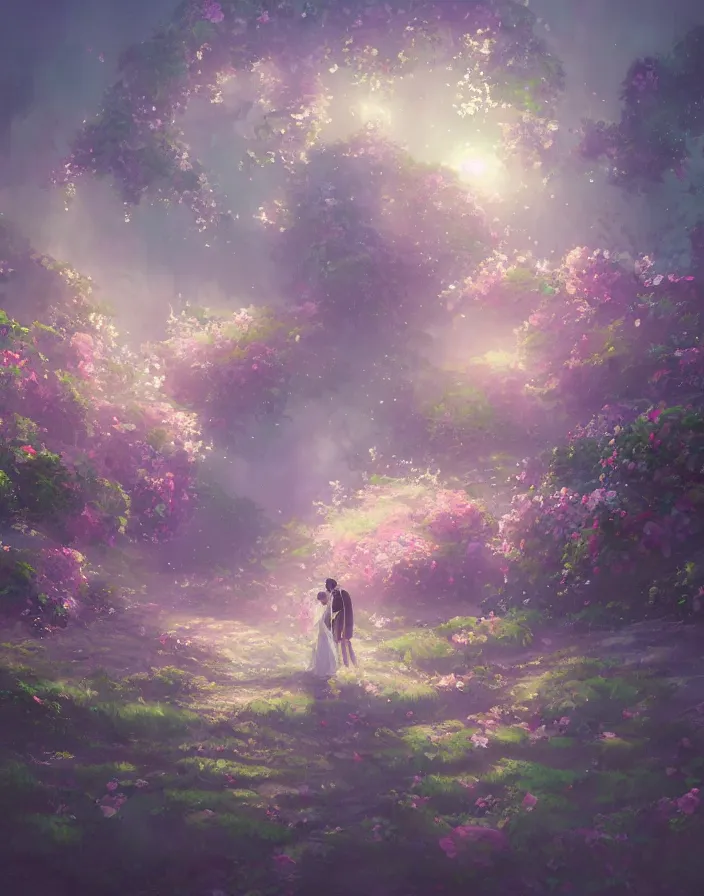 Image similar to beautiful wedding flower bouquet, environment concept art, daytime ethereal anime, high detail Impressionist style, dreamy light color palette, style of studio ghibli and moebius, concept art stunning atmosphere, trending on artstation, volumetric light