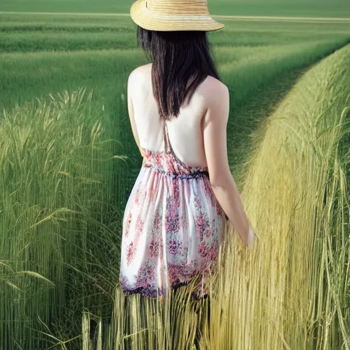 Image similar to a magazine photo of a young woman wearing a sundress and straw hat, walking through a field of wheat, her hand grazing on the wheat as she walks by, looking back over her shoulder, shot from behind, three quarter portrait