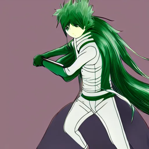 Image similar to male fencer, anime style, green hair, dark, animated, animation, detailed, illustration, moody