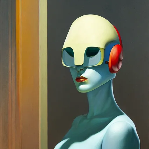 Image similar to Portrait of woman engineer with helmet, very coherent, painted by Edward Hopper, Wayne Barlowe, painted by James Gilleard, airbrush, art by JamesJean